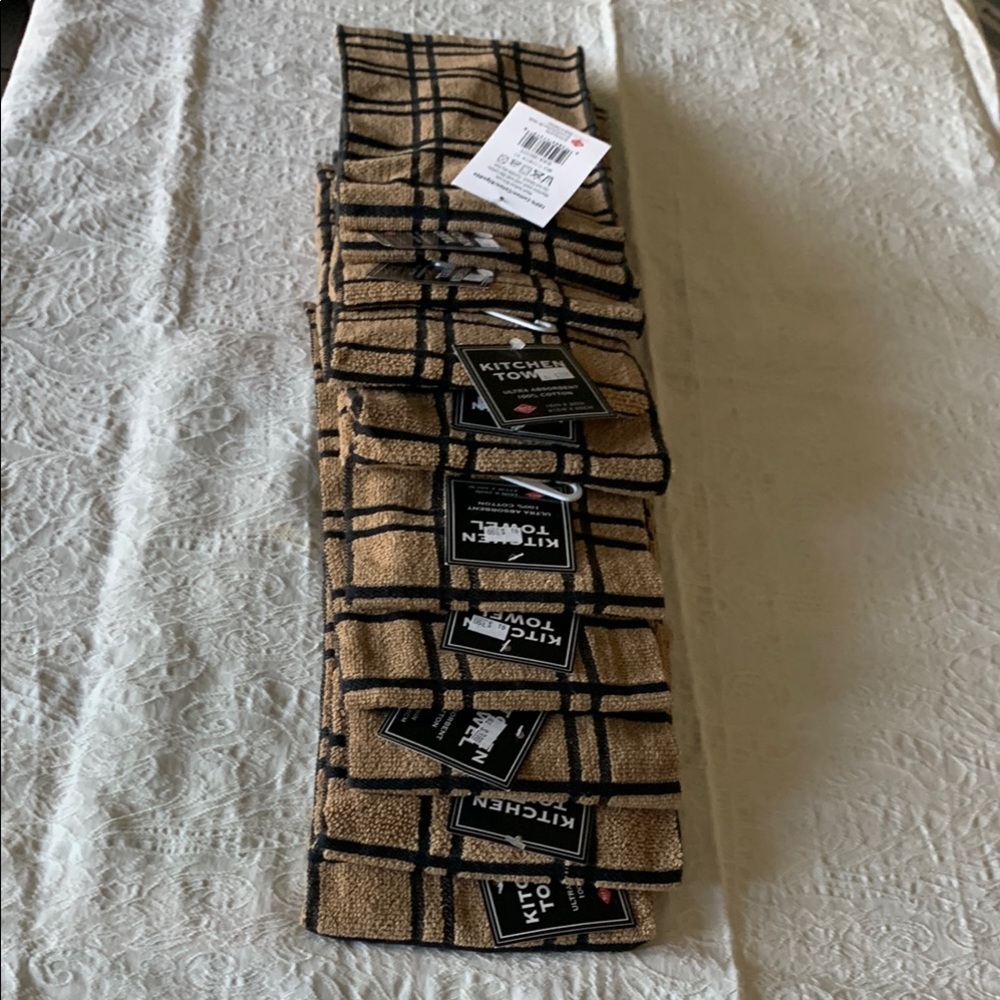 NWT All 12 - Large Cotton 16in x 26in Plaid Tan and Black KITCHEN Towels Set - Picture 6 of 9